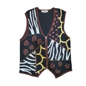 Vintage Embroidered Knit Vest Zip Up Animal Leopard Zebra